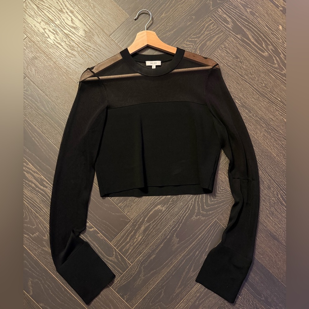 REISS Black Sheer Panel Long Sleeve Cropped Top - Large